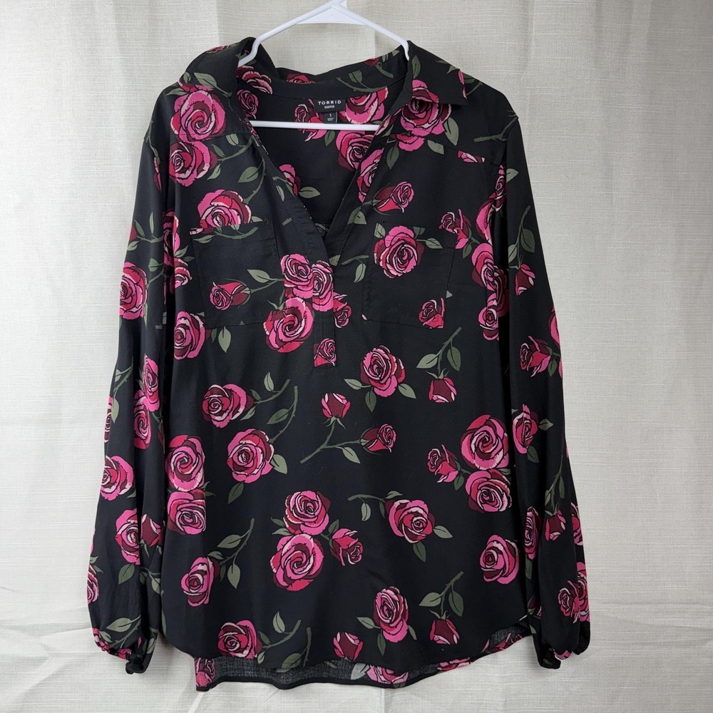 Torrid Blouse Womens 1 Black Pink Rose Floral Harper Long Sleeve Tunic Top